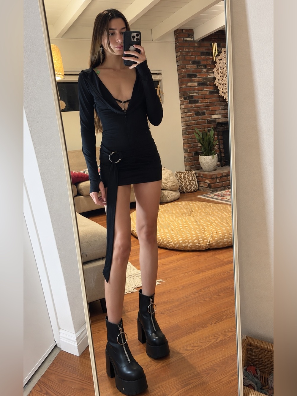 Dolls Kill Black Long-Sleeve Mini Dress with Side Ring Detail